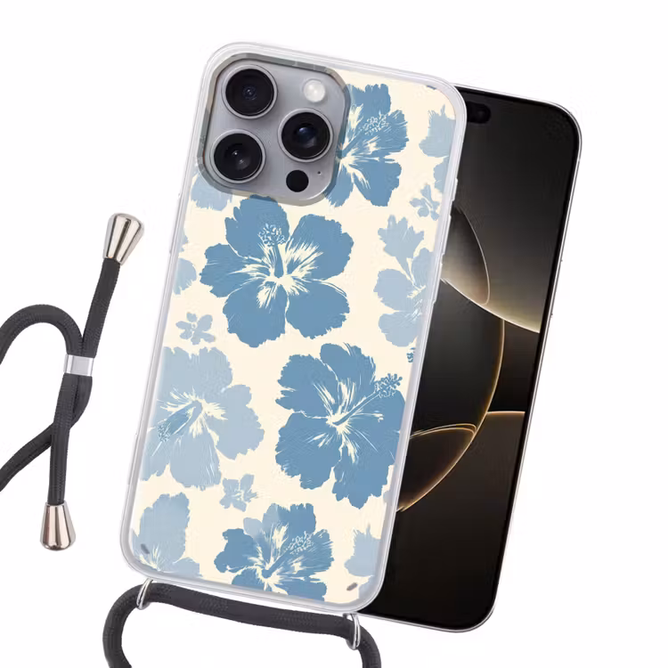 Hibiscusbloemen - Blauw - Patroon - Tropisch Hoesje iPhone 16 Pro Max met koord klein -sfeer1