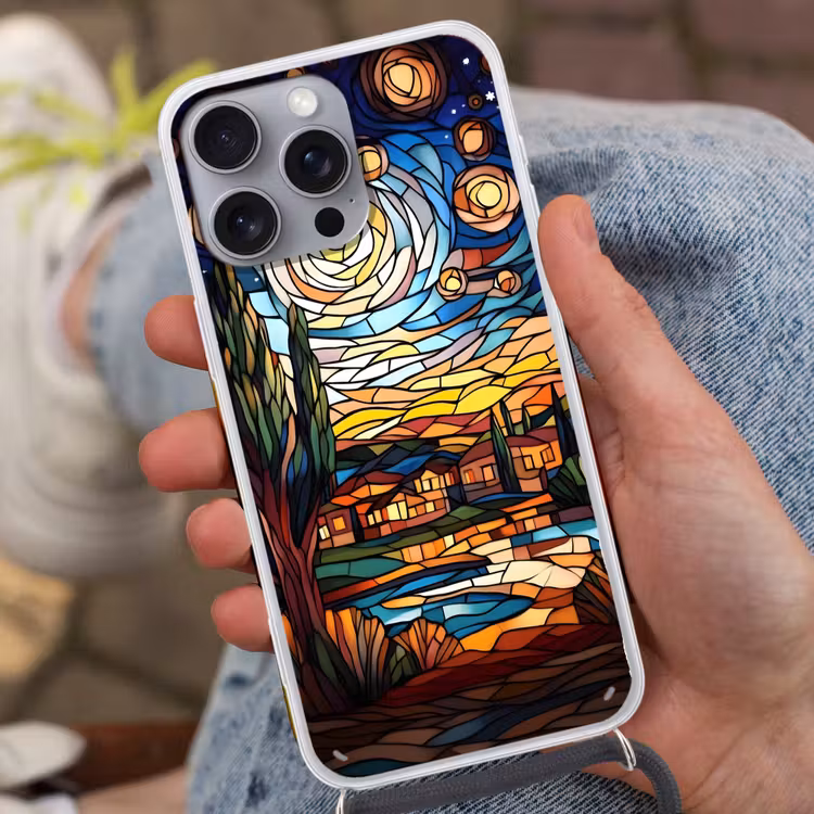 Hemel - Sterren - Mozaïek - Huizen Hoesje iPhone 16 Pro Max met koord klein -sfeer3