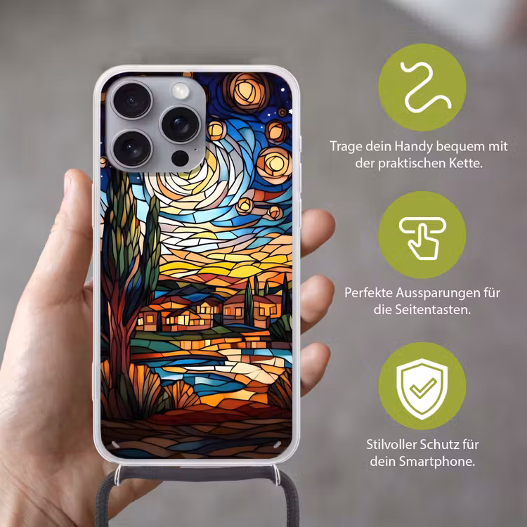 Hemel - Sterren - Mozaïek - Huizen Hoesje iPhone 16 Pro Max met koord klein -sfeer2_DE
