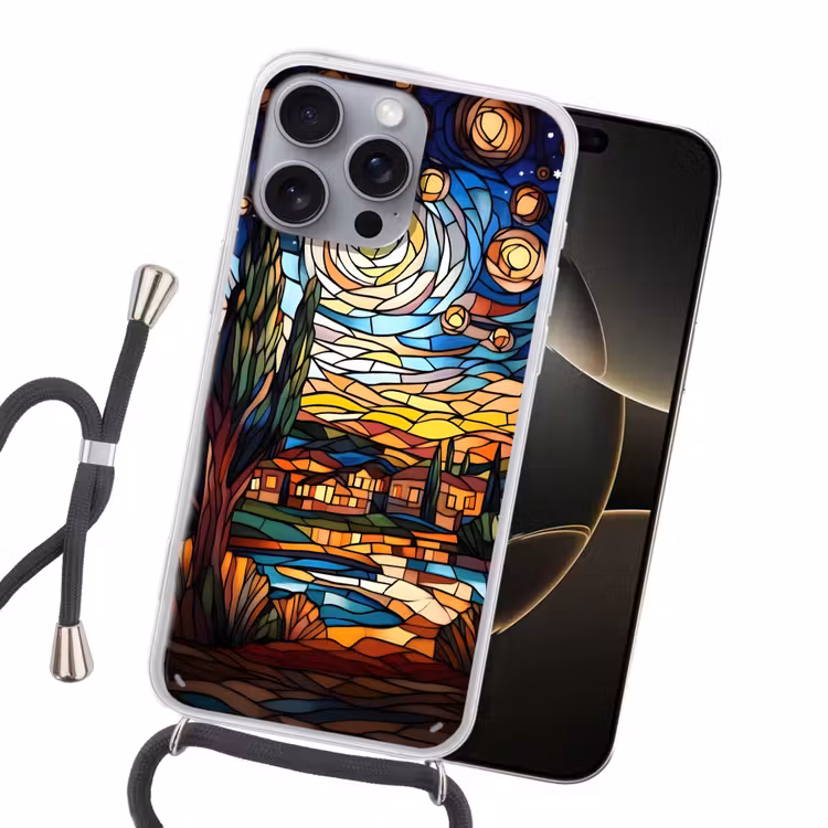 Hemel - Sterren - Mozaïek - Huizen Hoesje iPhone 16 Pro Max met koord klein -sfeer1