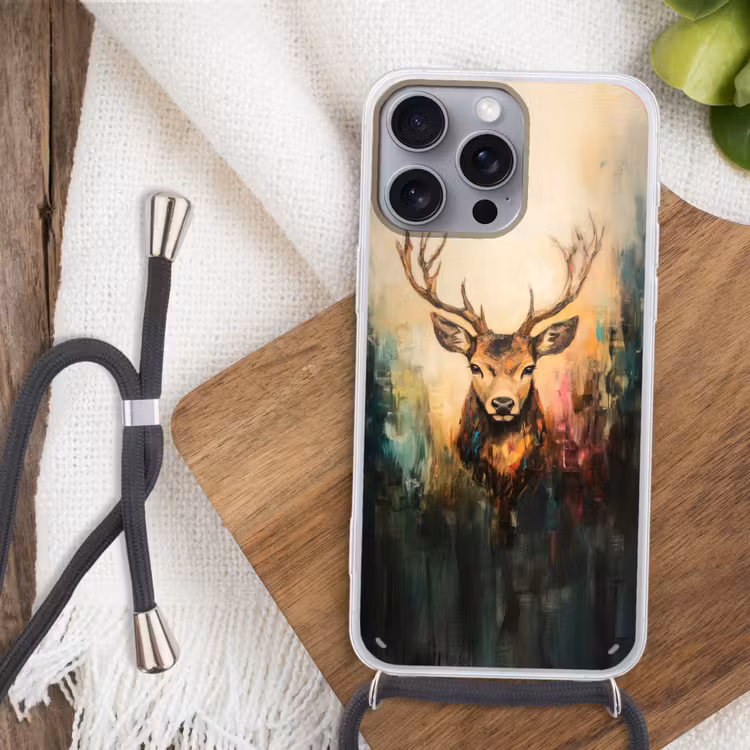 Hert - Geverfd - Gewei - Bruin Hoesje iPhone 16 Pro Max met koord klein -sfeer4