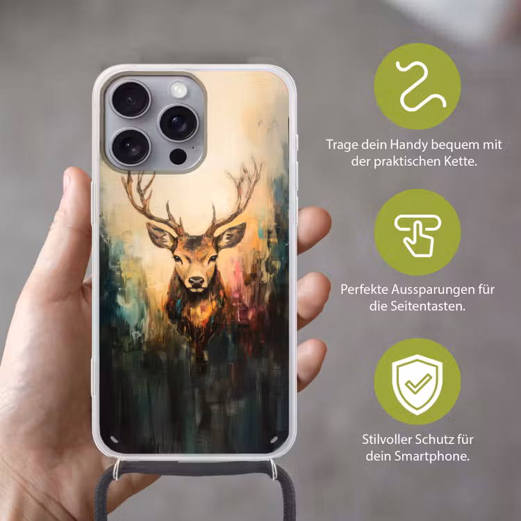 Hert - Geverfd - Gewei - Bruin Hoesje iPhone 16 Pro Max met koord klein -sfeer2_DE