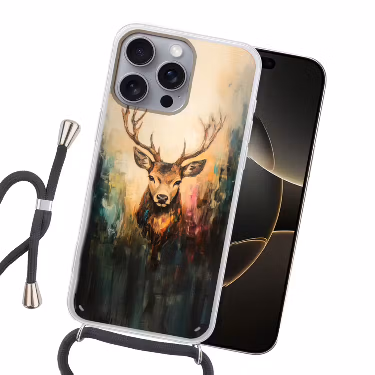 Hert - Geverfd - Gewei - Bruin Hoesje iPhone 16 Pro Max met koord klein -sfeer1