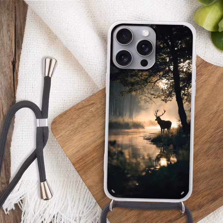 Hert - Bosbeek - Mystiek Hoesje iPhone 16 Pro Max met koord klein -sfeer4