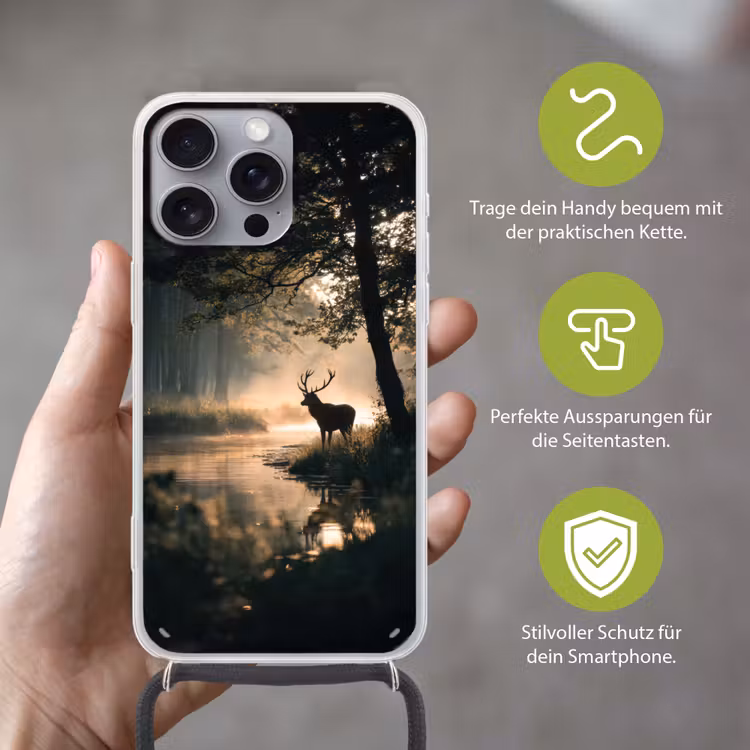 Hert - Bosbeek - Mystiek Hoesje iPhone 16 Pro Max met koord klein -sfeer2_DE