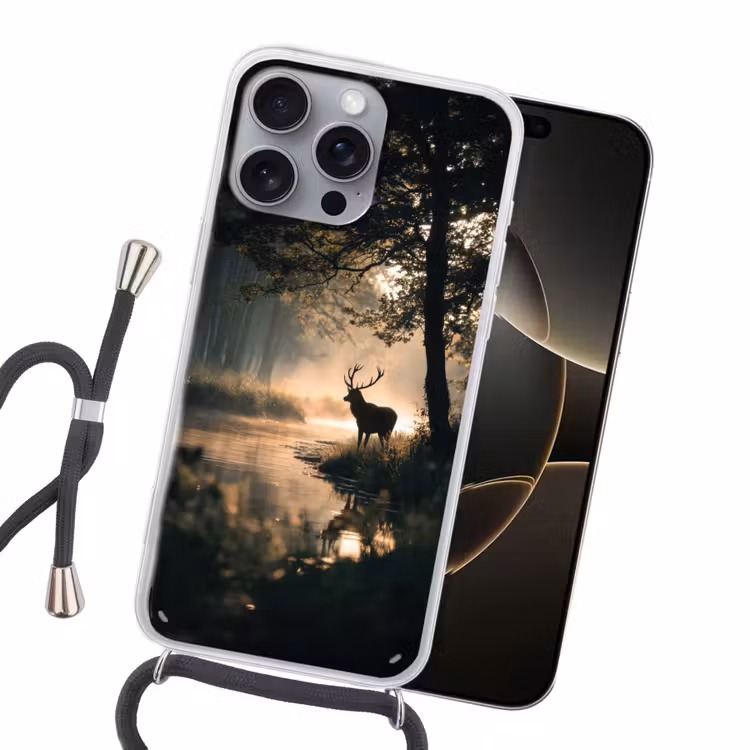 Hert - Bosbeek - Mystiek Hoesje iPhone 16 Pro Max met koord klein -sfeer1