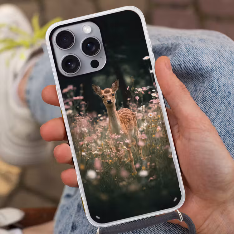 Hert - Wilde bloemen - Bos Hoesje iPhone 16 Pro Max met koord klein -sfeer3
