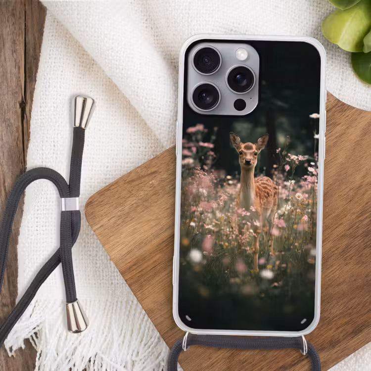 Hert - Wilde bloemen - Bos Hoesje iPhone 16 Pro Max met koord klein -sfeer4