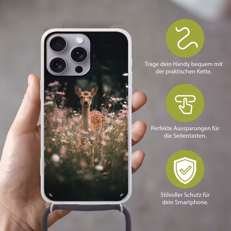 Hert - Wilde bloemen - Bos Hoesje iPhone 16 Pro Max met koord klein -sfeer2_DE