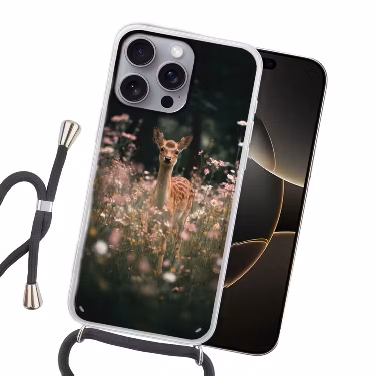 Hert - Wilde bloemen - Bos Hoesje iPhone 16 Pro Max met koord klein -sfeer1