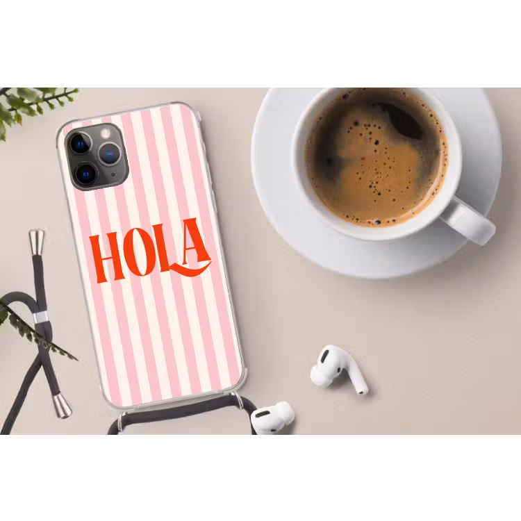 Hola - Quote -  Strepen - Pastel - Roze - Rood - Wit Hoesje iPhone 12 Pro met koord klein -oordop
