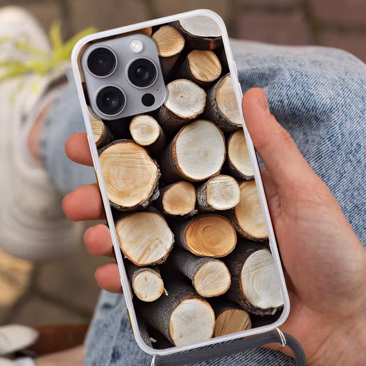 Hout - Boomstammen - Textuur Hoesje iPhone 16 Pro Max met koord klein -sfeer3