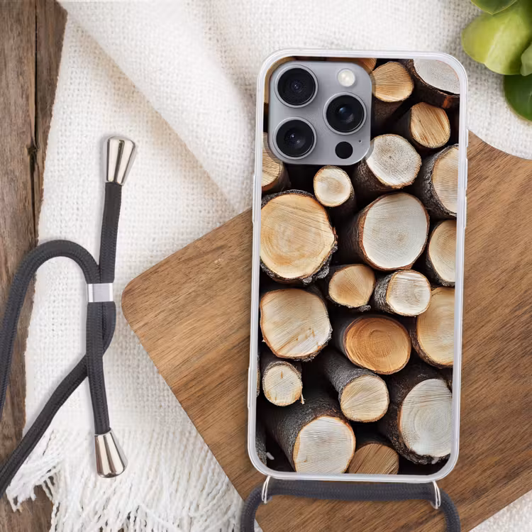 Hout - Boomstammen - Textuur Hoesje iPhone 16 Pro Max met koord klein -sfeer4