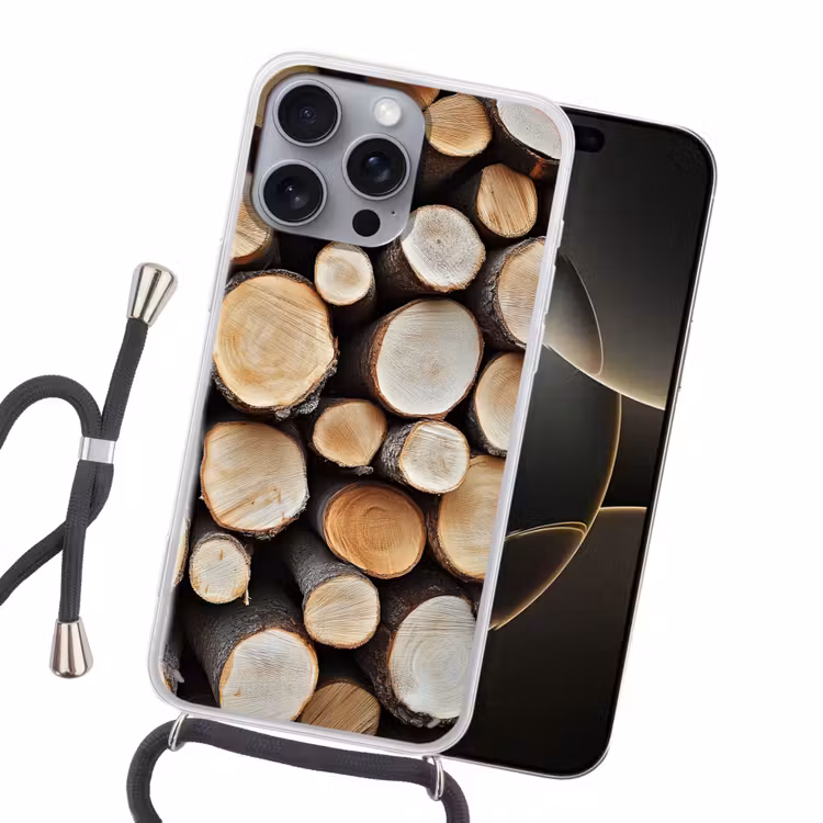 Hout - Boomstammen - Textuur Hoesje iPhone 16 Pro Max met koord klein -sfeer1