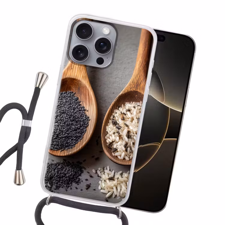 Houten - Lepels - Rijst - Zaden Hoesje iPhone 16 Pro Max met koord klein -sfeer1