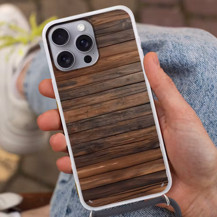 Houten plankpatroon - Warmte - Natuurlijk Hoesje iPhone 16 Pro Max met koord klein -sfeer3