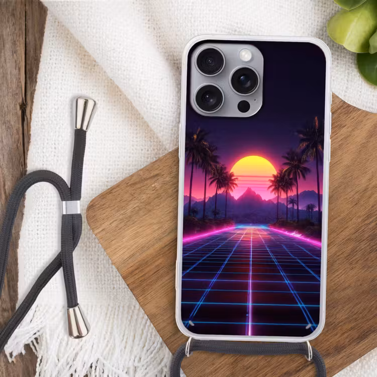 Horizon - Palmbomen - Bergen - Geel Hoesje iPhone 16 Pro Max met koord klein -sfeer4