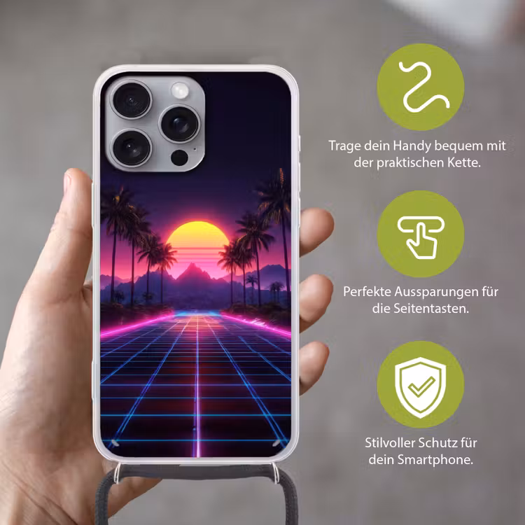 Horizon - Palmbomen - Bergen - Geel Hoesje iPhone 16 Pro Max met koord klein -sfeer2_DE