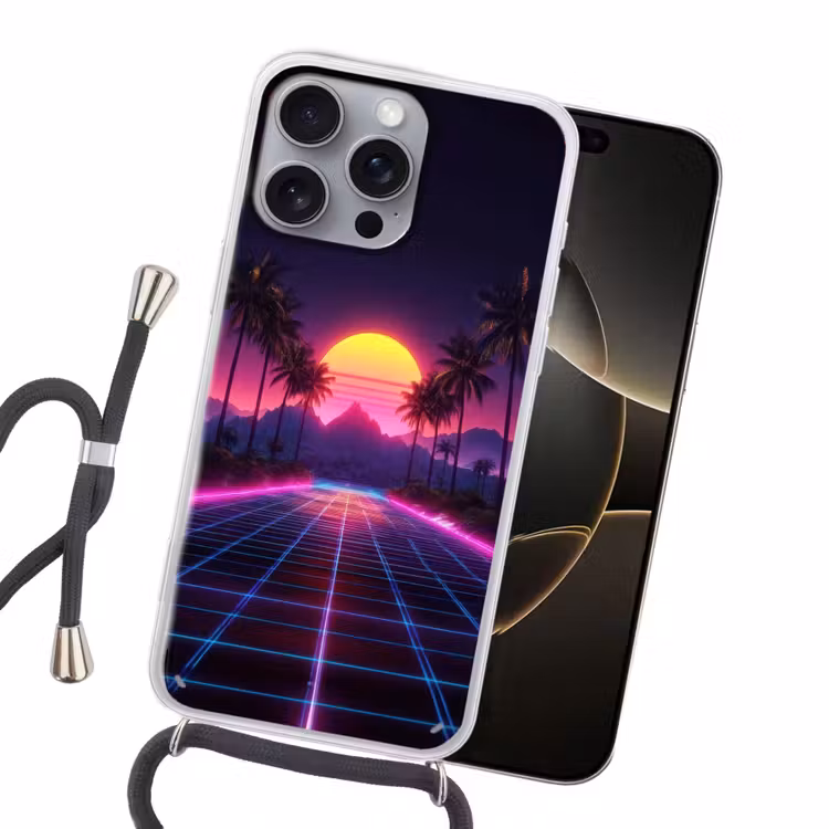 Horizon - Palmbomen - Bergen - Geel Hoesje iPhone 16 Pro Max met koord klein -sfeer1