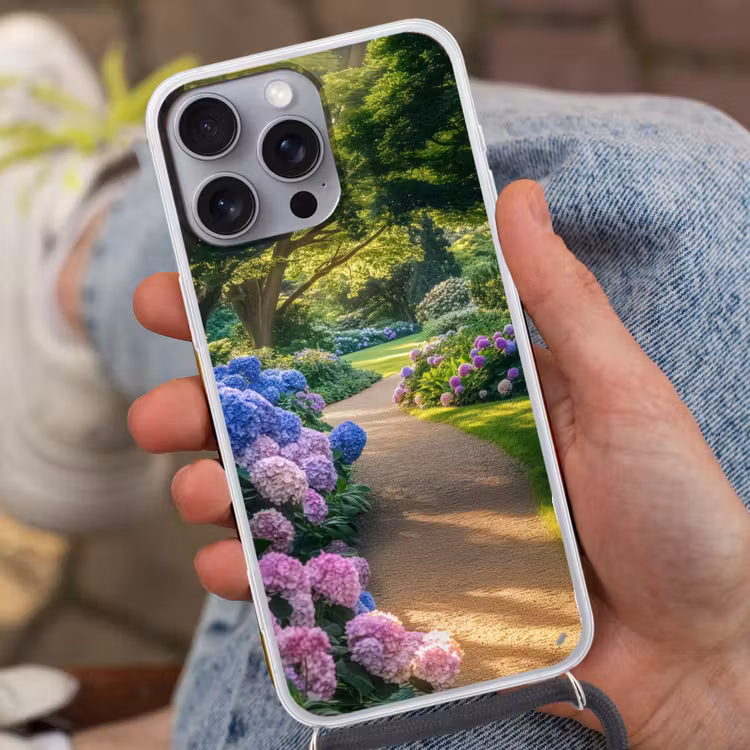 Hortensia- Park - Pad Hoesje iPhone 16 Pro Max met koord klein -sfeer3