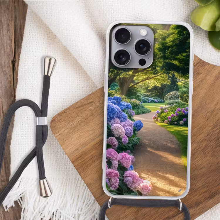 Hortensia- Park - Pad Hoesje iPhone 16 Pro Max met koord klein -sfeer4