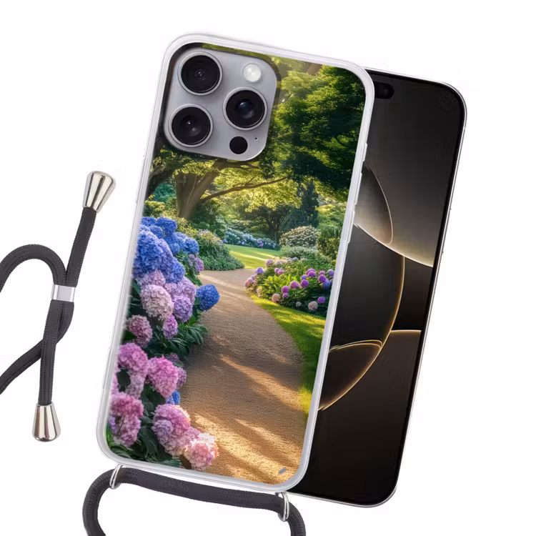 Hortensia- Park - Pad Hoesje iPhone 16 Pro Max met koord klein -sfeer1