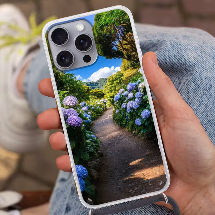 Hortsensia - Pad - Bloemen Hoesje iPhone 16 Pro Max met koord klein -sfeer3
