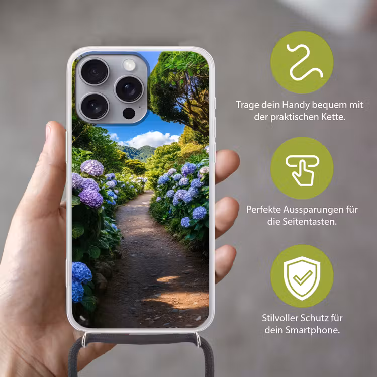 Hortsensia - Pad - Bloemen Hoesje iPhone 16 Pro Max met koord klein -sfeer2_DE