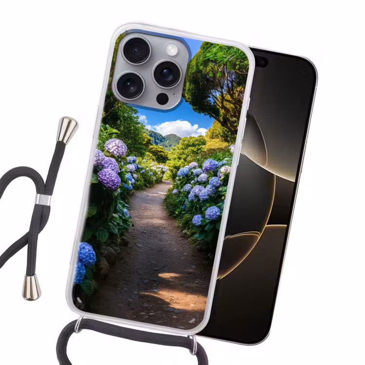 Hortsensia - Pad - Bloemen Hoesje iPhone 16 Pro Max met koord klein -sfeer1