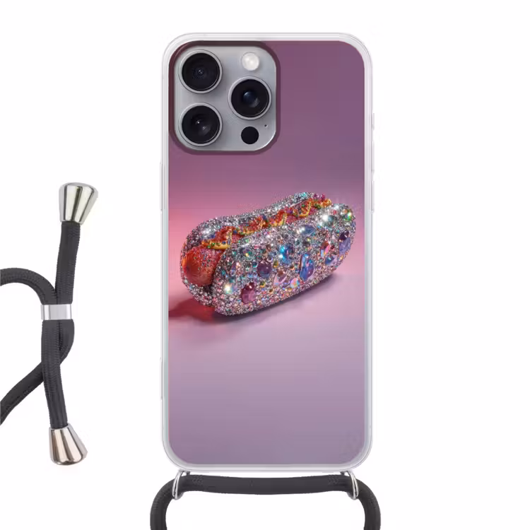 Hotdog - Steentjes - Glitters - Paars Hoesje iPhone 16 Pro Max met koord klein -3d