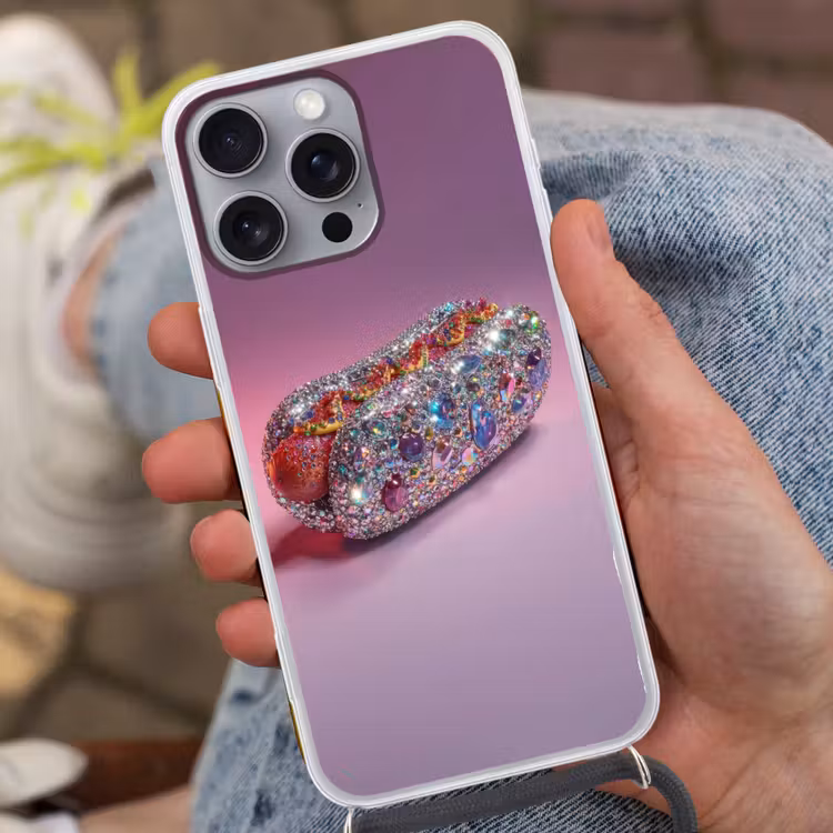 Hotdog - Steentjes - Glitters - Paars Hoesje iPhone 16 Pro Max met koord klein -sfeer3