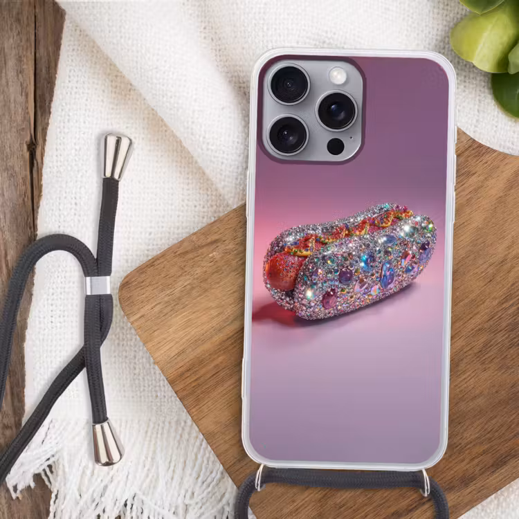 Hotdog - Steentjes - Glitters - Paars Hoesje iPhone 16 Pro Max met koord klein -sfeer4