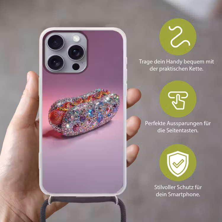 Hotdog - Steentjes - Glitters - Paars Hoesje iPhone 16 Pro Max met koord klein -sfeer2_DE