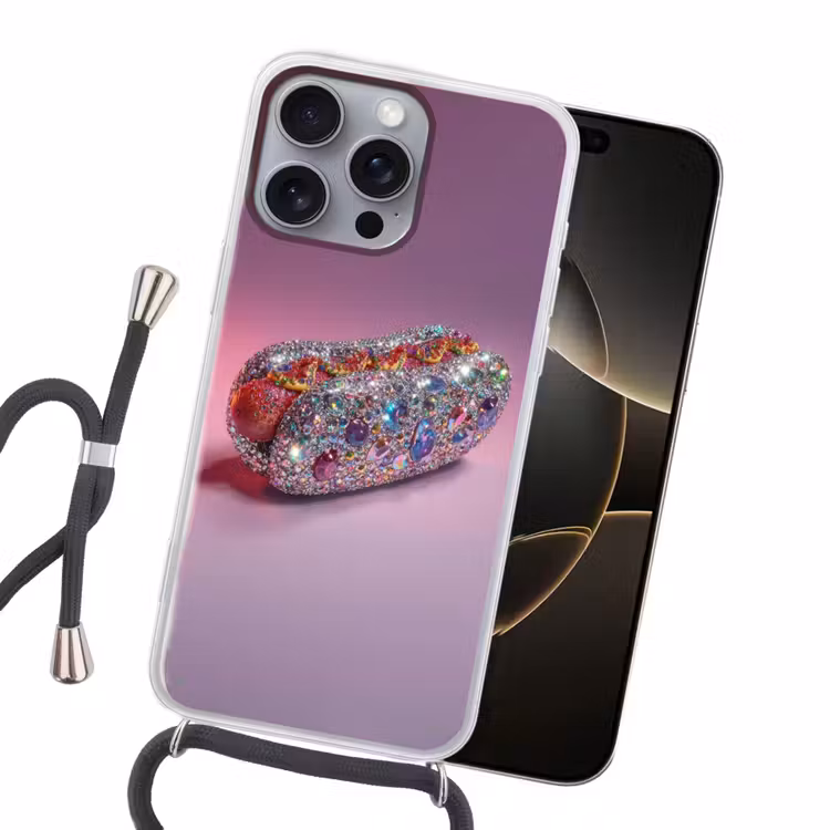 Hotdog - Steentjes - Glitters - Paars Hoesje iPhone 16 Pro Max met koord klein -sfeer1