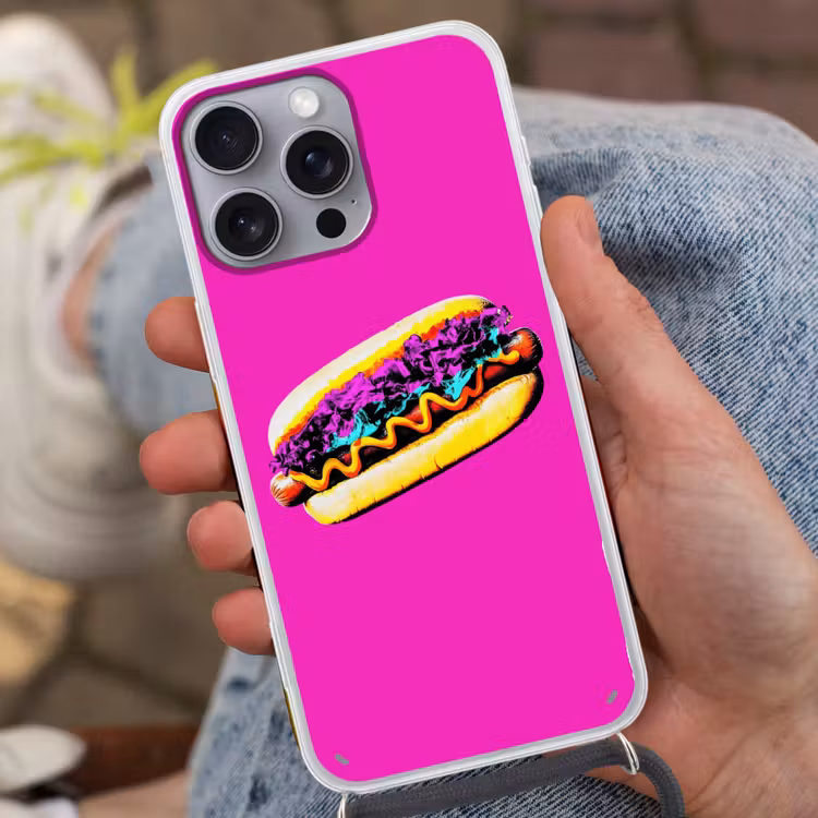 Hotdog - Roze - Retro Hoesje iPhone 16 Pro Max met koord klein -sfeer3