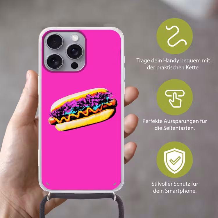Hotdog - Roze - Retro Hoesje iPhone 16 Pro Max met koord klein -sfeer2_DE