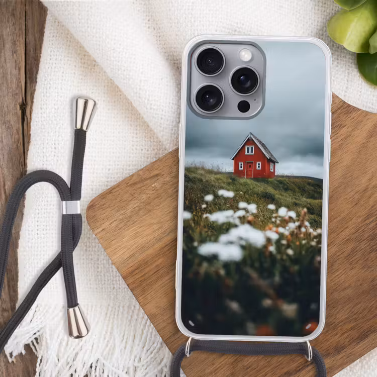 Heuvel - Huisje - Bloemen - Wit Hoesje iPhone 16 Pro Max met koord klein -sfeer4