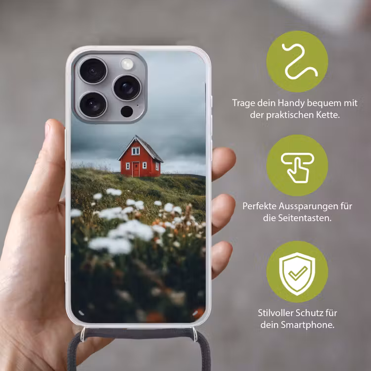 Heuvel - Huisje - Bloemen - Wit Hoesje iPhone 16 Pro Max met koord klein -sfeer2_DE