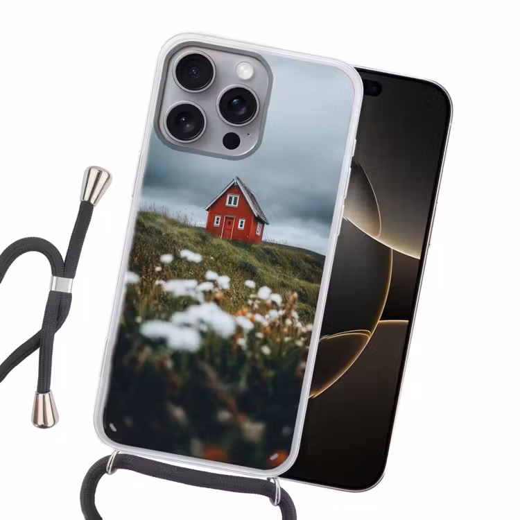 Heuvel - Huisje - Bloemen - Wit Hoesje iPhone 16 Pro Max met koord klein -sfeer1