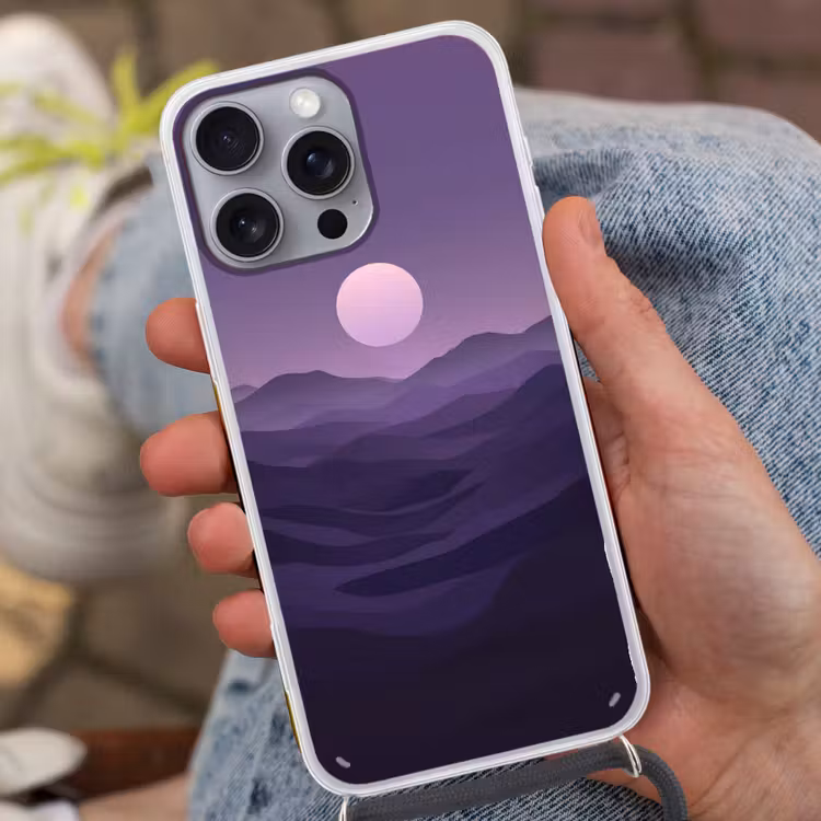 Heuvels - Paars - Mist - Zon Hoesje iPhone 16 Pro Max met koord klein -sfeer3