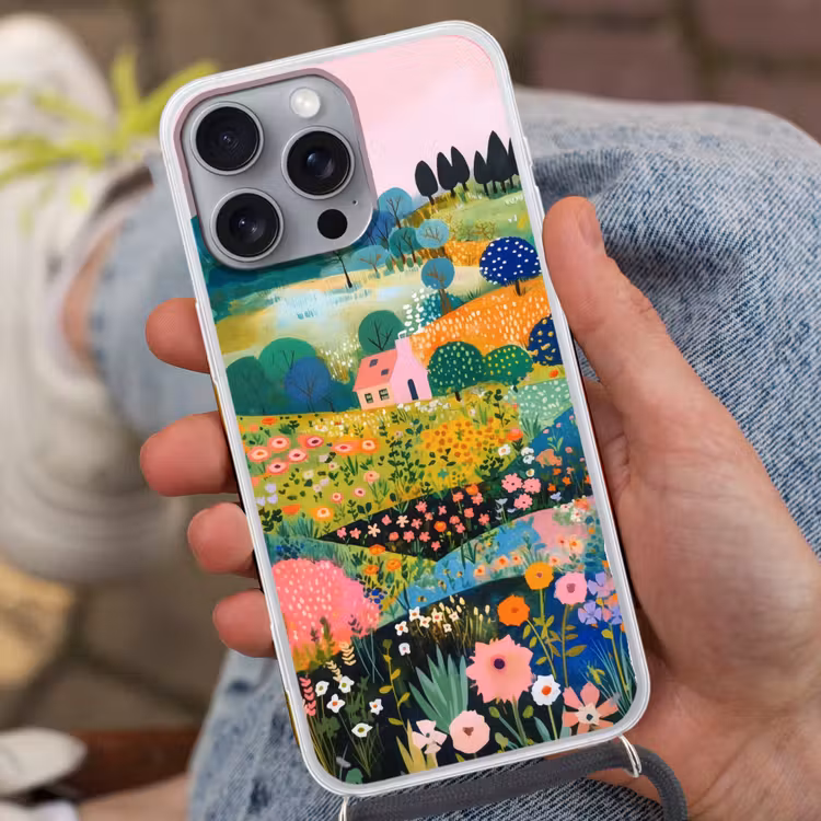 Heuvellandschap - Fantasierijk - Kleurcontrasten Hoesje iPhone 16 Pro Max met koord klein -sfeer3