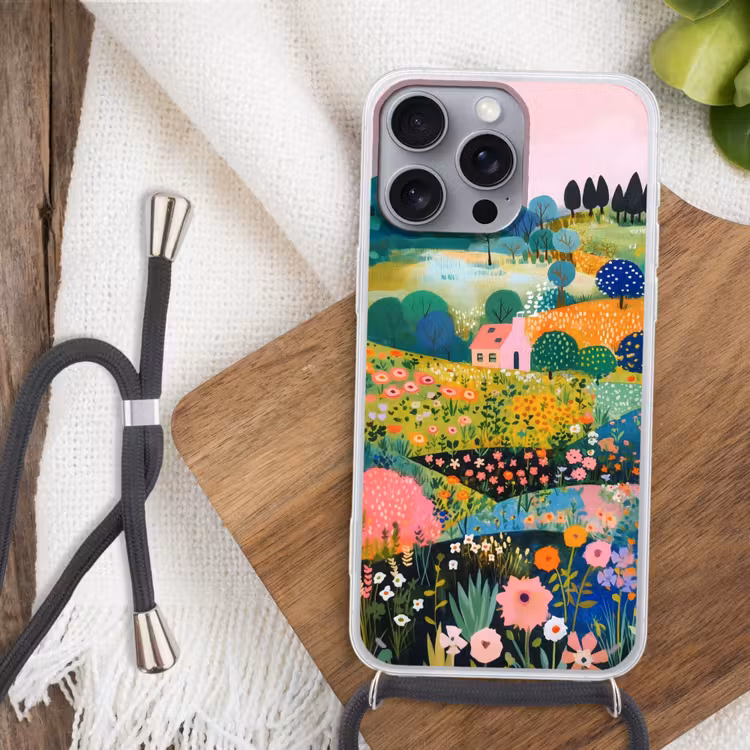 Heuvellandschap - Fantasierijk - Kleurcontrasten Hoesje iPhone 16 Pro Max met koord klein -sfeer4