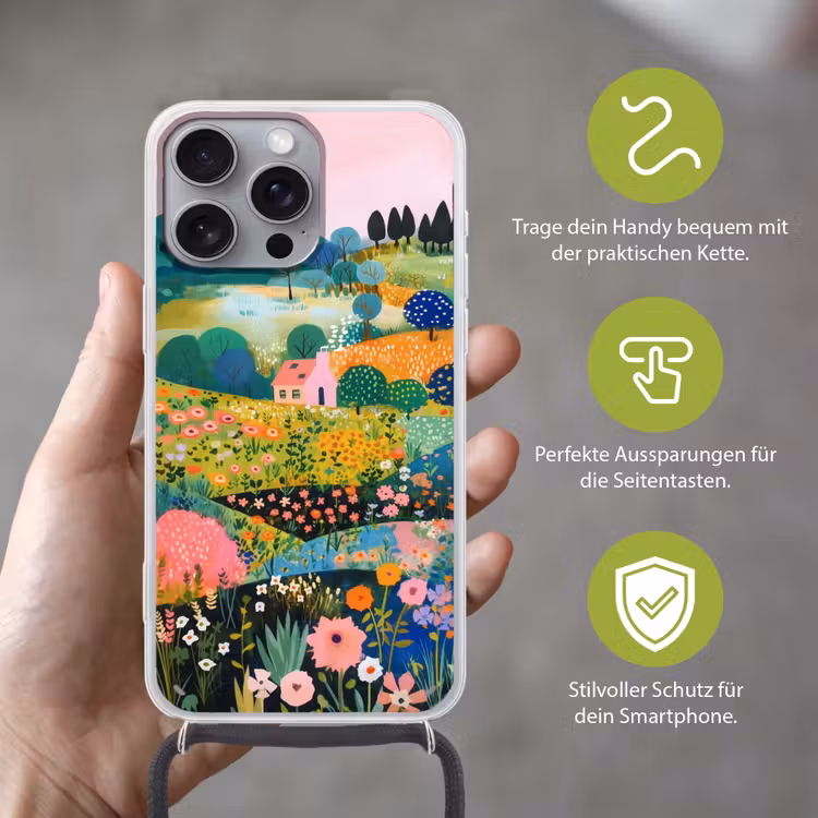 Heuvellandschap - Fantasierijk - Kleurcontrasten Hoesje iPhone 16 Pro Max met koord klein -sfeer2_DE
