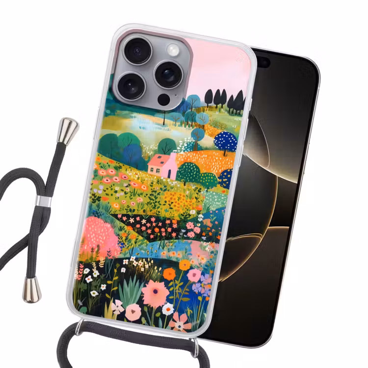 Heuvellandschap - Fantasierijk - Kleurcontrasten Hoesje iPhone 16 Pro Max met koord klein -sfeer1