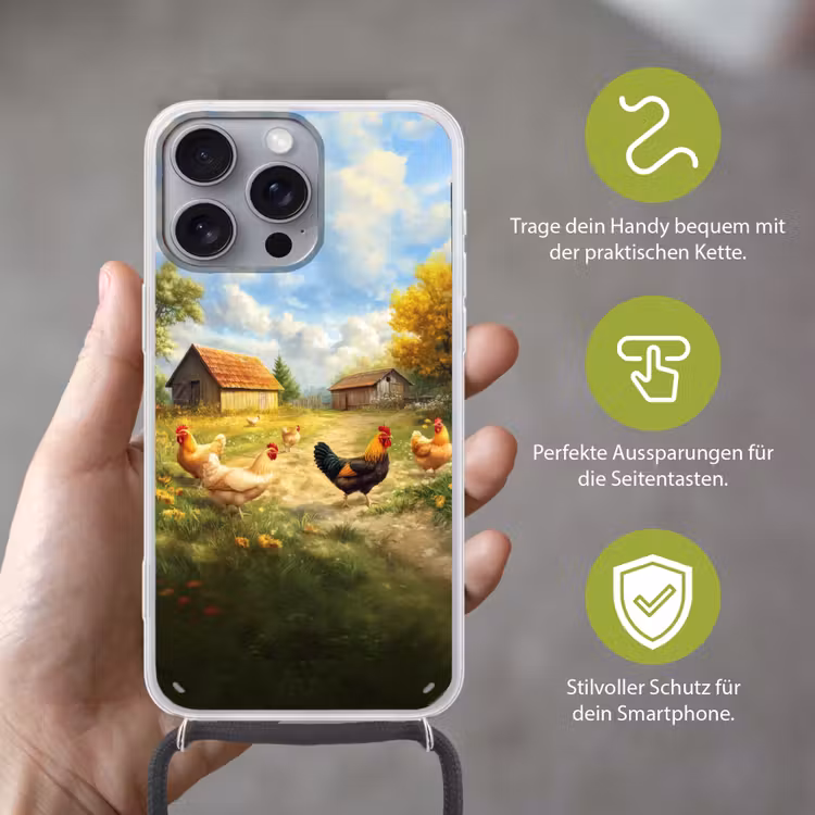 Kippen - Landelijke rust - Natuur Hoesje iPhone 16 Pro Max met koord klein -sfeer2_DE