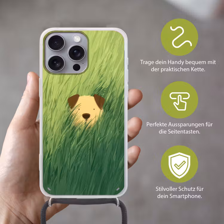 Hondje - Gras - Oren - Bruin Hoesje iPhone 16 Pro Max met koord klein -sfeer2_DE