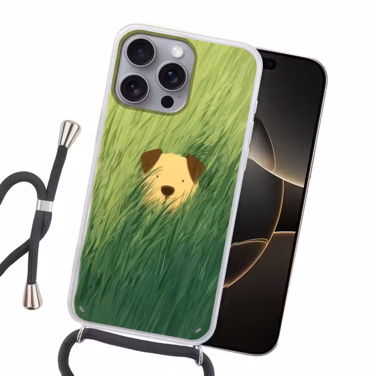 Hondje - Gras - Oren - Bruin Hoesje iPhone 16 Pro Max met koord klein -sfeer1