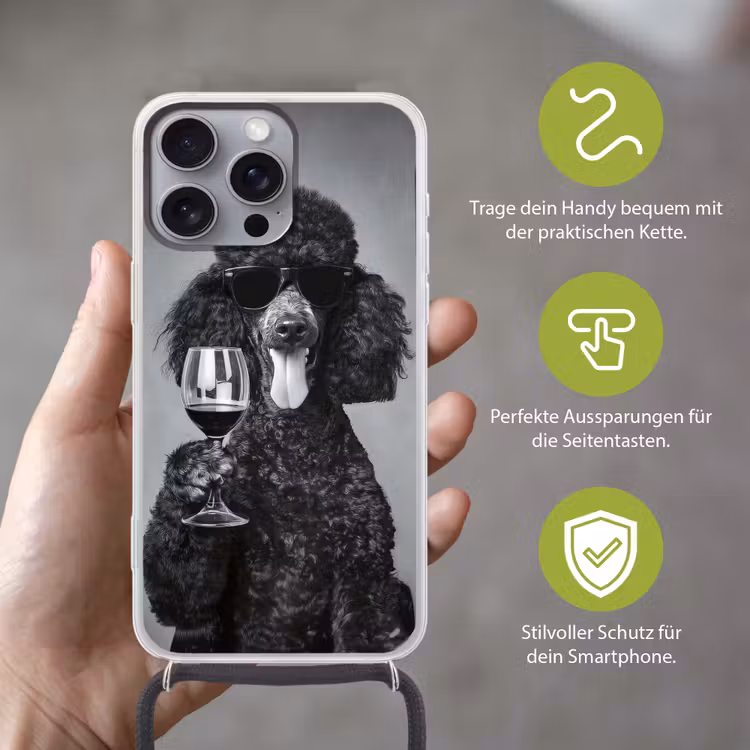 Hond - Krullen - Zonnebril - Wijn Hoesje iPhone 16 Pro Max met koord klein -sfeer2_DE