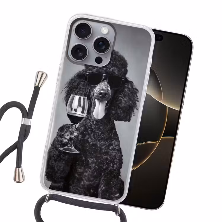 Hond - Krullen - Zonnebril - Wijn Hoesje iPhone 16 Pro Max met koord klein -sfeer1