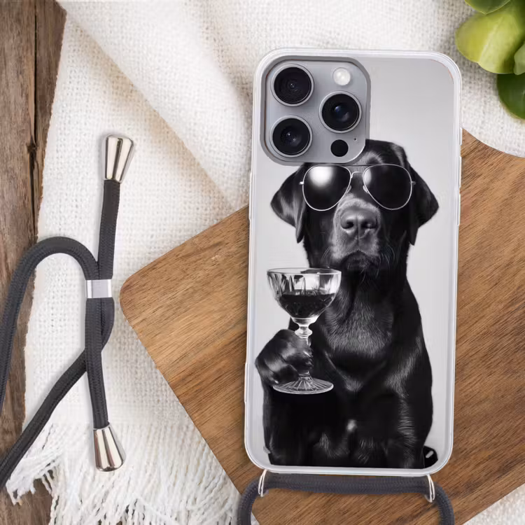 Hond - Zwart - Wijnglas - Zonnebril Hoesje iPhone 16 Pro Max met koord klein -sfeer4